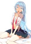  between_legs blue_hair breasts cleavage denpa_onna_to_seishun_otoko fangs hand_between_legs highres long_hair medium_breasts multicolored multicolored_eyes navel nipples open_clothes open_mouth open_shirt see-through shirt sitting skirt solo soono_(rlagpfl) touwa_erio undone_necktie very_long_hair wet 