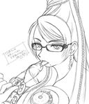  bayonetta bayonetta_(character) black_and_white candy glasses licking lollipop long_hair mole monochrome penis penis, ribbon ribbons sucking tongue very_long_hair 