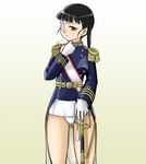  adjusting_clothes bad_id bad_pixiv_id black_hair blush breath epaulettes eyepatch gloves long_hair military military_uniform ponytail sakamoto_mio sayu_(mio-mosa) scabbard sheath solo strike_witches sweatdrop swimsuit swimsuit_under_clothes sword uniform weapon white_swimsuit world_witches_series 