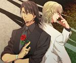  adjusting_eyewear back-to-back barnaby_brooks_jr blonde_hair brown_hair facial_hair flower formal glasses green_eyes holding holding_flower kaburagi_t_kotetsu male_focus multiple_boys necktie okojo_(qqww) red_flower red_rose rose stubble suit tiger_&amp;_bunny 