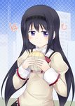  akemi_homura bad_id bad_pixiv_id black_hair blush bread food hairband homu jewelry long_hair mahou_shoujo_madoka_magica makino_(ukiuo) mitakihara_school_uniform purple_eyes ring school_uniform solo 