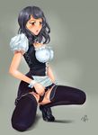  blue_hair bodice erect_nipples knee_socks kneeling long_hair maid open_mouth oppai original red_eyes solo vibrator 