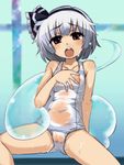  cameltoe covered_navel fat_mons ghost hitodama konpaku_youmu konpaku_youmu_(ghost) nada_haruka navel one-piece_swimsuit open_mouth pussy red_eyes school_swimsuit see-through short_hair silver_hair solo spread_legs swimsuit touhou wet white_school_swimsuit white_swimsuit 
