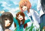  bad_id bad_pixiv_id black_hair blush braid brown_eyes brown_hair closed_eyes drill_hair flower grass hair_flower hair_ornament hair_over_shoulder hanasaku_iroha long_hair matsumae_ohana moekon multiple_girls open_mouth oshimizu_nako outstretched_arms school_uniform serafuku short_hair skirt smile spread_arms sweater tsurugi_minko twin_braids wakura_yuina 