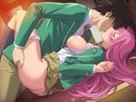  1girl akashiya_moka aono_tsukune blazer blush breasts choker cross green_shirt hetero highres jacket kiss large_breasts long_hair long_legs necktie pants penis pink_hair plaid plaid_skirt pleated_skirt r1 rosario+vampire school_uniform sex shirt skirt socks sweat 