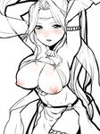  areolae armpits arms_up bikini_top blush breasts circlet gensou_suikoden gensou_suikoden_v jeane jewelry large_breasts loincloth long_hair monochrome nipples sketch spot_color white_background yuzuriha_(active_homing) 