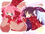  ^_^ bad_id bad_pixiv_id black_hair blue_eyes bow charlotte_(madoka_magica) closed_eyes dual_persona fangs mahou_shoujo_madoka_magica multicolored_hair nochita_shin personification pink_hair scarf short_twintails sleeves_past_wrists twintails 