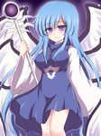  blue_hair blue_skirt breasts jewelry long_hair medium_breasts necklace purple_eyes ry sariel skirt solo staff touhou touhou_(pc-98) wings 