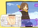  bag breasts brown_hair fake_screenshot game_console mota nintendo nipples open_mouth original scarf short_hair sketch small_breasts wii wii_u x-ray yellow_eyes 