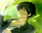  bad_id bad_pixiv_id black_hair clothes_pin green hands holding karigurashi_no_arrietty light_smile lying male_focus shade shou_(karigurashi_no_arrietty) solo unagichora 