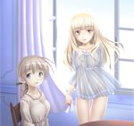  babydoll blonde_hair blue_eyes blush braid breasts brown_hair chair curtains glasses groin hair_ribbon long_hair lowleg lowleg_panties lynette_bishop medium_breasts multiple_girls mushoku_no_hourousha navel nightgown open_mouth panties perrine_h_clostermann ribbon see-through single_braid sitting smile strike_witches underwear window world_witches_series yellow_eyes 