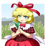  :d blonde_hair blue_eyes blush bow dress field flower gomi_ichigo grass hair_bow hair_ornament highres holding lily_of_the_valley medicine_melancholy open_mouth plant short_hair smile solo touhou 