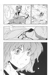  1girl charin check_translation comic glint greyscale hat highres jewelry kawashiro_nitori key monochrome necklace short_hair slapping touhou translation_request two_side_up wet 