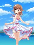  barefoot blush brown_hair cloud day dress error flower hair_flower hair_ornament highres kamiko_to_seiryoku looking_back misaka_mikoto open_mouth short_hair shorts sky solo sundress to_aru_kagaku_no_railgun to_aru_majutsu_no_index 