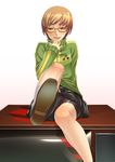  :p bad_id bad_pixiv_id bike_shorts brown_eyes brown_hair glasses persona persona_4 satonaka_chie shoes sitting solo terumii tongue tongue_out yellow-framed_eyewear 