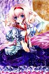  alice_margatroid bad_id bad_pixiv_id between_breasts blonde_hair blue_dress blue_eyes blush breasts capelet clothes_between_breasts dress hairband nanase_nao open_mouth sitting solo touhou v_arms 
