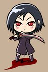  :&lt; black_hair blood blood+ blush_stickers chibi coat fordy katana lowres otonashi_saya red_eyes short_hair solo sword weapon 