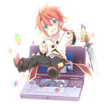  :d ahoge bad_id bad_pixiv_id belt chibi coat full_body gloves green_eyes handheld_game_console happy kinoshita_neko left-handed luke_fon_fabre male_focus nintendo_3ds open_mouth pants red_hair shoes smile solo sword tales_of_(series) tales_of_the_abyss video_game weapon 
