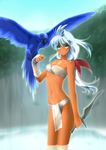  bandeau bird blue_hair dagger dark_skin fundoshi green_eyes japanese_clothes long_hair original parrot solo standing wading water weapon yagisaka_seto 