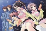  3girls absurdres asahina_mikuru black_hair breasts brown_hair energy_gun highres itou_noiji koizumi_itsuki kyon medium_breasts multiple_boys multiple_girls nagato_yuki official_art ray_gun short_shorts shorts sos_galactic_patrol space suzumiya_haruhi suzumiya_haruhi_no_yuuutsu thighhighs thighs twisted_torso weapon 