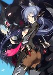  animal_ears armor ass blue_eyes blue_hair bodysuit breasts brown_legwear finger_to_mouth hair_weapon knife long_hair looking_at_viewer looking_back masa_(masa-koba) medium_breasts no_pupils original pantyhose red_eyes solo teeth underboob wolf wolf_ears 