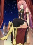  alcohol arm_support bare_shoulders blue_eyes boots bottle cross-laced_footwear high_heels highres legs_crossed long_hair megurine_luka night nuko_(mikupantu) pink_hair reflection shoes sitting solo thighhighs vocaloid wine 