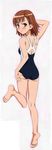  1girl absurdres adjusting_clothes adjusting_swimsuit ass barefoot blush brown_eyes brown_hair competition_swimsuit dakimakura feet hara_shuichi hara_shuuichi highres kneepits long_image looking_back lying misaka_mikoto mizugi on_stomach one-piece_swimsuit short_hair soles solo sukumizu swimsuit tall_image to_aru_kagaku_no_railgun to_aru_majutsu_no_index toes 