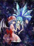  bad_id bad_pixiv_id bat_wings blue_dress blue_hair bow cirno dress flying hat hat_bow ice kairinn0952 kneehighs kneeling light_smile looking_at_viewer multiple_girls oekaki pink_dress purple_hair remilia_scarlet short_hair short_sleeves touhou wings 