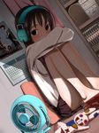  black_hair blush brown_eyes calendar_(object) dutch_angle electric_fan fan headphones kinugasa_yuuichi long_hair looking_at_viewer original panties pantyshot pantyshot_(sitting) shade sitting skirt solo stereo stuffed_animal stuffed_bunny stuffed_toy sunlight underwear white_panties 