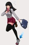  artist_request directional_arrow food green_eyes hairclip long_hair mismatched_shoes running school_bag school_uniform serafuku skirt sweat thighhighs toast_in_mouth zettai_ryouiki 