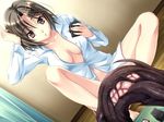  amagi_kaya barefoot black_hair breasts cards cleavage dutch_angle feet girls_playing_games hairclip large_breasts mikoshi_matsuri naked_shirt no_bra playing_cards playing_games scratching sekai_de_ichiban_dame_na_koi shirt short_hair sitting solo spread_legs 