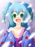  bad_id bad_pixiv_id bare_shoulders blue_hair blush breasts cleavage collarbone fang green_eyes japanese_clothes kimono off_shoulder open_mouth original robe_slip sashiromiya_sasha short_twintails sleeves_past_wrists small_breasts snow snowing solo tama_go touhou twintails upper_body 
