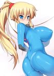  arms_behind_back ass bdsm blonde_hair blue_eyes blush bodysuit bondage bound breasts collar frown huge_breasts impossible_clothes leash long_hair metroid nagase_haruhito ponytail samus_aran shirt simple_background skin_tight solo zero_suit 