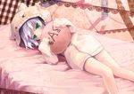  bad_id bad_pixiv_id bare_legs bed colored_eyelashes english green_eyes hood hoodie isegawa_yasutaka looking_at_viewer lying original pillow purple_hair short_hair solo 