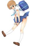  aioi_yuuko bad_id bad_pixiv_id bag blush brown_eyes brown_hair nichijou saya7 school_bag school_uniform short_hair skirt skirt_tug solo tokisadame_school_uniform wavy_mouth 