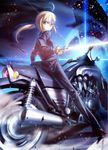  ahoge artoria_pendragon_(all) black_gloves blonde_hair cropped excalibur fate/zero fate_(series) formal from_behind gloves glowing glowing_sword glowing_weapon green_eyes ground_vehicle looking_back motor_vehicle motorcycle pant_suit ponytail saber solo suit sword takeuchi_takashi weapon yamaha yamaha_v-max 