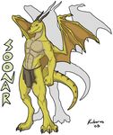  blue_eyes claws dragon horn horns kerberos loincloth looking_at_viewer male muscles plain_background smile solo spikes standing stripes toned underwear white_background wings yellow_dragon zoonar 