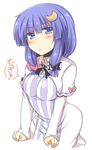  :&lt; alternate_hairstyle breasts capelet crescent crescent_hair_ornament hair_ornament lockheart long_hair medium_breasts mukyuu no_hat no_headwear patchouli_knowledge purple_eyes purple_hair simple_background solo touhou upper_body 