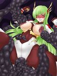  1girl black_beat bodysuit breast_sucking breasts clenched_teeth female green_hair highres large_breasts pixiv_manga_sample resized tentacle through_clothes tied vaginal visor 