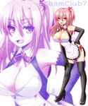  bare_shoulders bent_over black_legwear black_thighhighs breasts cleavage cosplay detached_sleeves dream_c_club female high_heels large_breasts leaning_forward long_hair pink_eyes pink_hair ponytail shoes smile solo thighhighs 