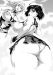  ass blush breasts bursting_breasts cleavage covered_nipples greyscale huge_ass huge_breasts lips long_hair monochrome multiple_girls panties plump see-through sekigan_juu_mitsuyoshi short_hair skirt st-retcher thick_thighs thighs underwear 