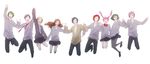  5boys ayasaki_remi brown_hair cardigan closed_eyes glasses green_hair happy highres holding_hands hori-san_to_miyamura-kun hori_kyouko ishikawa_tooru iura_shuu jumping kouno_sakura long_hair miyamura_izumi multiple_boys multiple_girls necktie purple_hair red_hair school_uniform sengoku_kakeru short_hair simple_background skirt smile sweater tomu twintails yanagi_akane yoshikawa_yuki_(hori-san_to_miyamura-kun) 