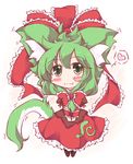  :3 animal_ears blush cat_ears cat_tail chibi dress front_ponytail green_eyes green_hair hair_ribbon heart kagiyama_hina kemonomimi_mode lozelia red_dress ribbon solo tail touhou v_arms 