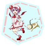  bat_wings biting blue_hair blush chain connect_(madoka_magica) dog dress gloves hat mahou_shoujo_madoka_magica open_mouth parody pink_dress red_eyes red_footwear remilia_scarlet rioshi shoes short_hair solo touhou white_gloves wings 