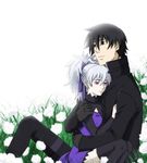  couple darker_than_black flower hei hug sitting yin 