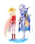  1boy 1girl armor blonde_hair cape cecil_harvey detached_sleeves dissidia_final_fantasy eyes_closed female final_fantasy final_fantasy_iv final_fantasy_vi headband long_hair male mizukumohouse open_mouth pantyhose ponytail ribbon silver_hair tina_branford 