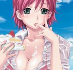  breasts cake cleavage cloud collarbone day doily face finger_licking food fruit happoubi_jin highres iihara_nao large_breasts licking outdoors pastry pink_hair resort_boin see-through short_hair sky slice_of_cake solo strawberry strawberry_shortcake upper_body whipped_cream 