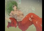  breasts bubble censored convenient_censoring dress_shirt face green_eyes green_hair heterochromia kazami_yuuka lips medium_breasts no_bra open_clothes open_shirt red_eyes shirt solo torn_clothes touhou underwater yuzutaro 