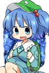  backpack bag blue_eyes blue_hair chibi hair_bobbles hair_ornament hat highres kawashiro_nitori key open_mouth solo touhou two_side_up yamabuki_(yusuraume) 