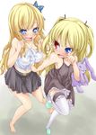  2girls bad_id bad_pixiv_id barefoot blonde_hair boku_wa_tomodachi_ga_sukunai breasts bug butterfly butterfly_hair_ornament chasing colorized dress drooling fleeing garters hair_ornament halterneck hasegawa_kobato heterochromia highres insect kashiwazaki_sena large_breasts long_hair multiple_girls open_mouth saliva skirt stuffed_animal stuffed_bunny stuffed_toy suterii tears thighhighs two_side_up wavy_mouth yuri 